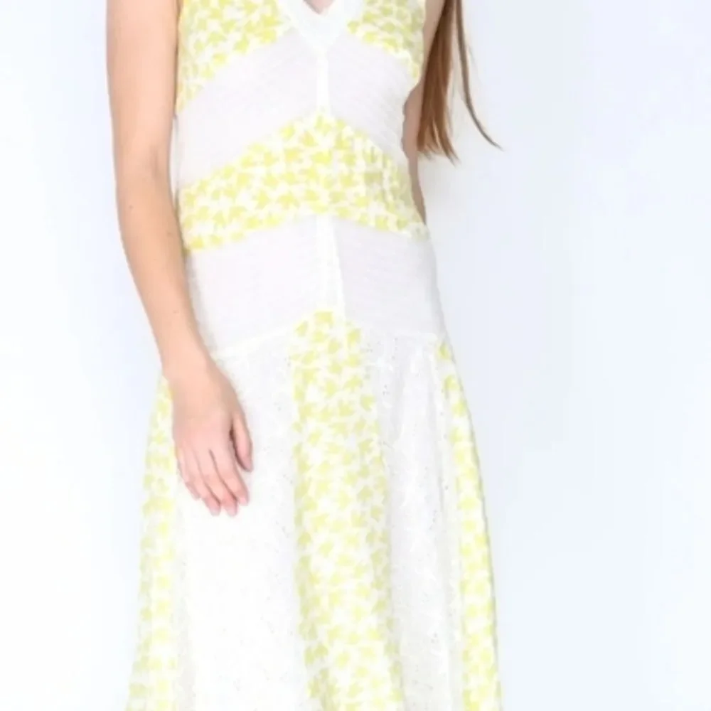white and gold anthropologie dress Anthropologie Yellow and White Midi Dress